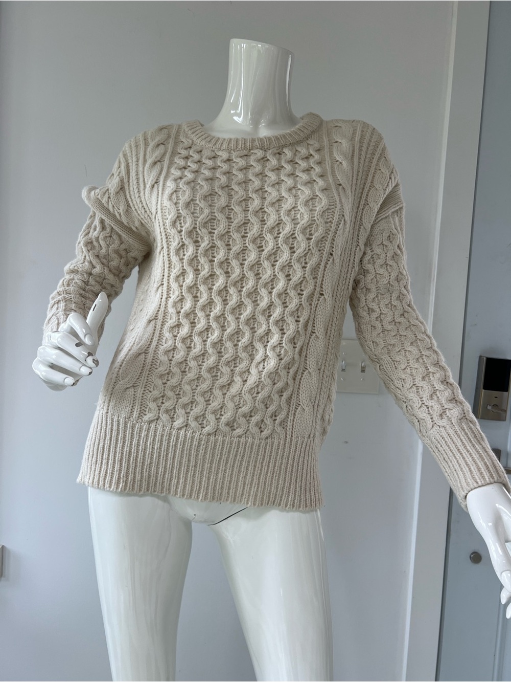 Rebecca Taylor Cream Cable-Knit Crewneck Sweater wool cashmere blend timeless